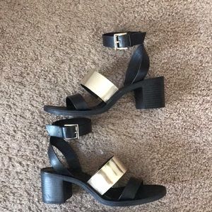 Strappy block heel Zara sandals with gold detail.